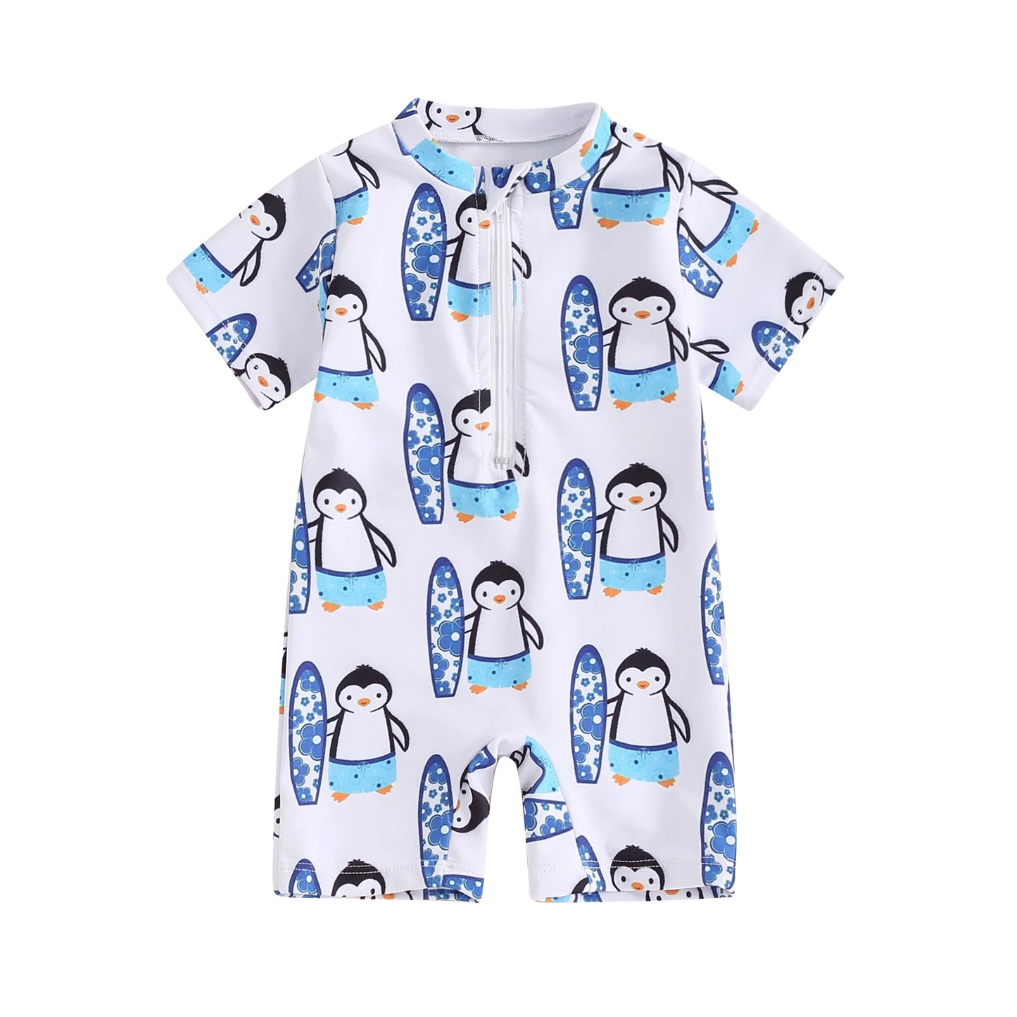 Baby Toddler Boy's Swimwear Short Sleeve Dinosaur Penguin Print Half Zip Up Rash Guard Bathing Suit