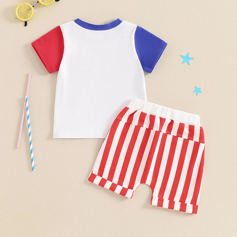 Baby Toddler Boys USA 4th of July Outfit Letter Embroidery Short Sleeve Top with Stripe Shorts for Independence Day Set