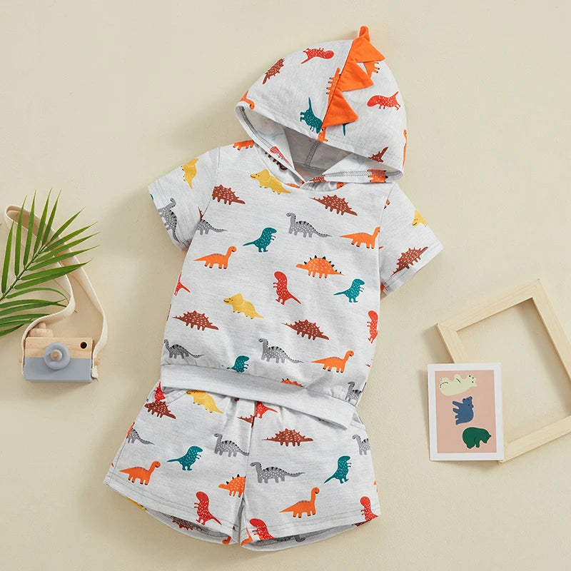 Toddler Kids Boys 2Pcs Dinosaur Outfit Cartoon Print Hooded Short Sleeve Top and Matching Elastic Waist Shorts Set