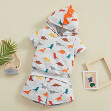 Load image into Gallery viewer, Toddler Kids Boys 2Pcs Dinosaur Outfit Cartoon Print Hooded Short Sleeve Top and Matching Elastic Waist Shorts Set
