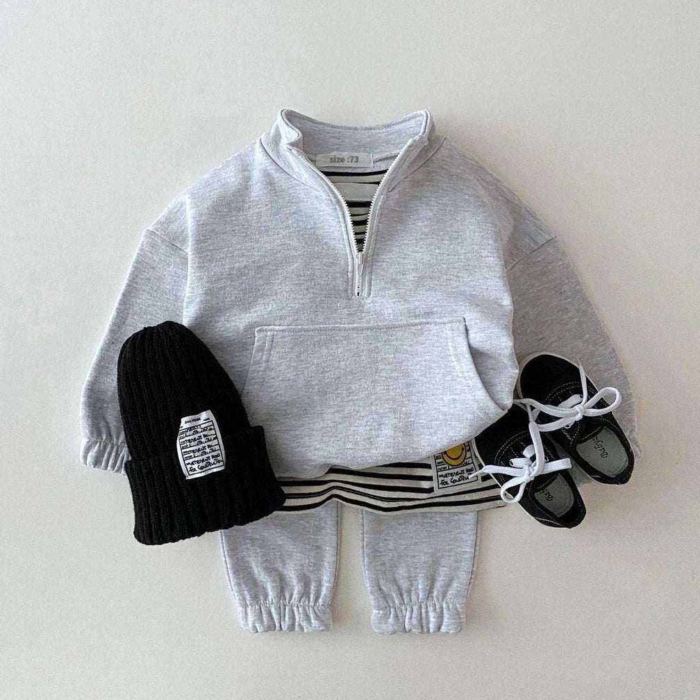 Baby Toddler Boys Girls 2Pcs Jogger Set Quarter Zip Long Sleeve Cotton Top + Pants Outfit