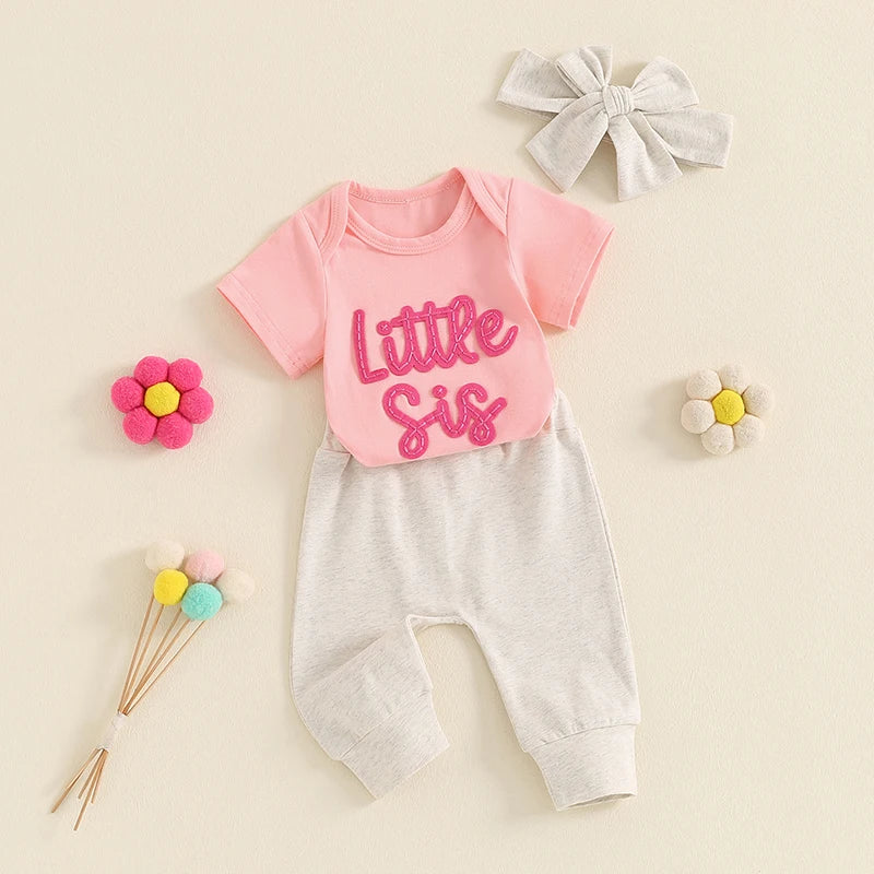 Baby Girl 3Pcs Little Sis Outfit Letter Embroidered Short Sleeve Romper Long Pants Headband Set