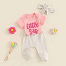 Load image into Gallery viewer, Baby Girl 3Pcs Little Sis Outfit Letter Embroidered Short Sleeve Romper Long Pants Headband Set
