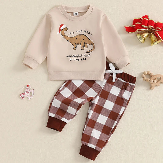 Baby Toddler Girl Boy 2Pcs It's The Most Wonderful Time Of The Year Christmas Outfit Dinosaur Letter Print Long Sleeve Crewneck with Plaid Jogger Pants Set