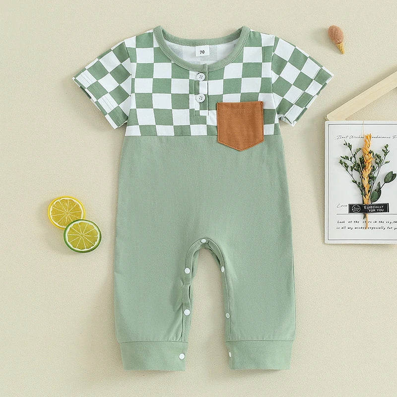 Baby Boys Romper Short Sleeve Crew Neck Checkerboard Print Pocket Casual Jumpsuit