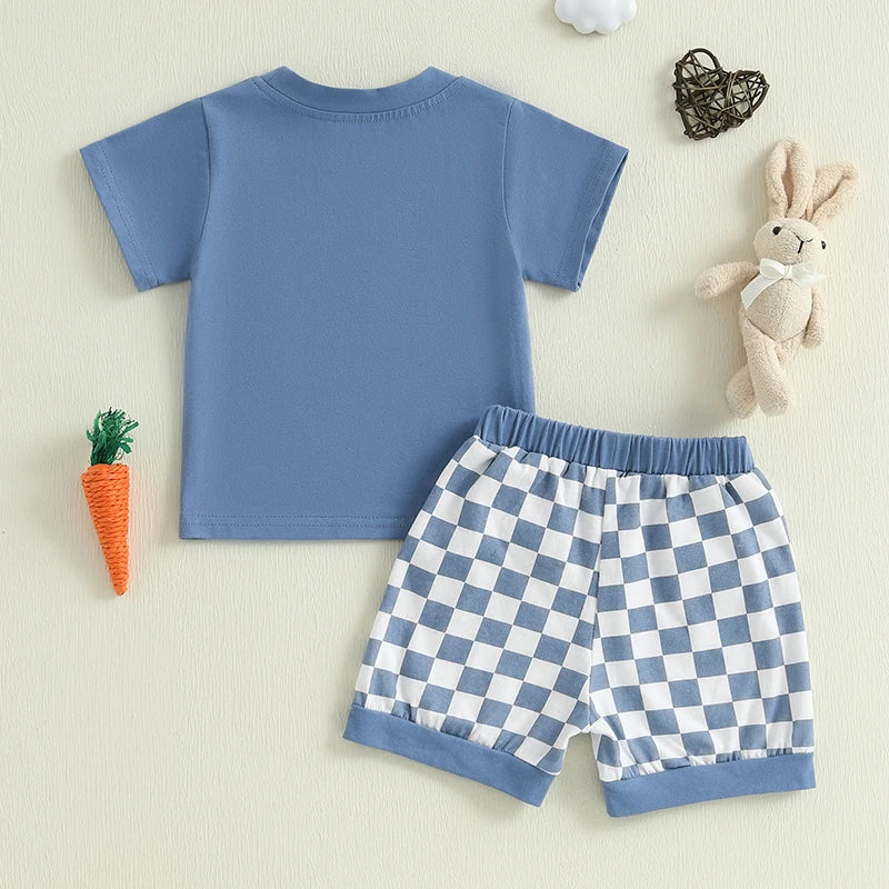 Baby Toddler Boys 2Pcs Mr. Steal Your Eggs Easter Outfit Letter Bunny Rabbit Short Sleeve T-Shirt Top Checkered Shorts Spring Set