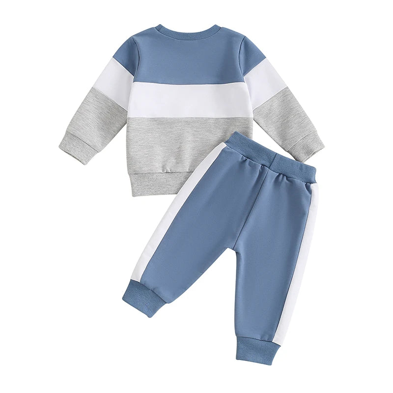 Baby Toddler Boys 2Pcs Long Sleeve Round Neck Top Drawstring Long Pants Contrast Color Outfit Set