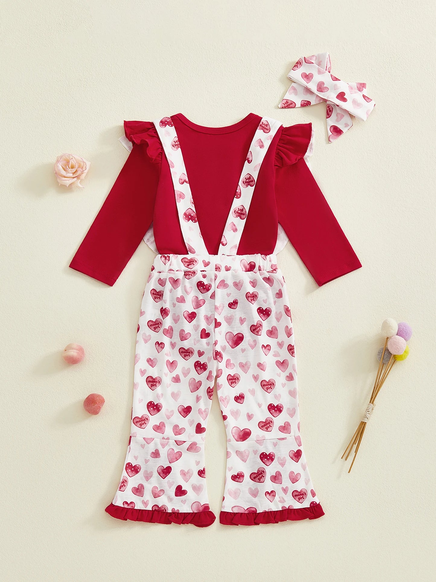 Baby Girls 3Pcs Valentine's Day Outfit Long Sleeve O Neck Ruffled Jumpsuit Headband Heart Print Overalls Set