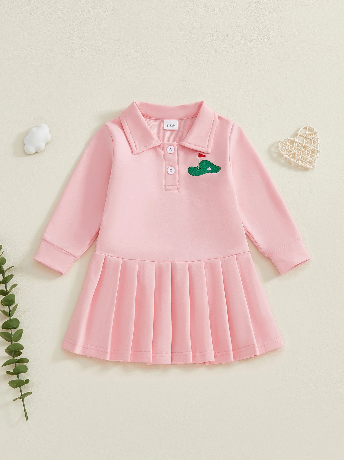 Baby Toddler Girls Casual Dress Long Sleeve Button Closure Embroidery Golf Cart Pleated Fall Dress