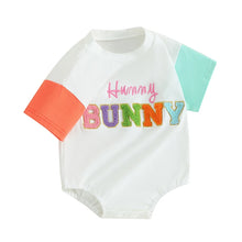 Load image into Gallery viewer, Baby Boy Girl Easter Hunny Bunny Embroidery Short Sleeve Contrast Color Romper Crewneck Jumpsuit
