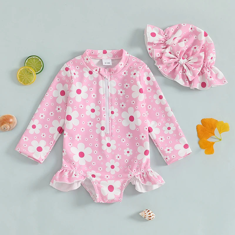 Baby Toddler Girls 2Pcs Swimsuit Long Sleeve Floral/Bow Print Ruffles Bathing Suit Swimwear with Swim Cap Set