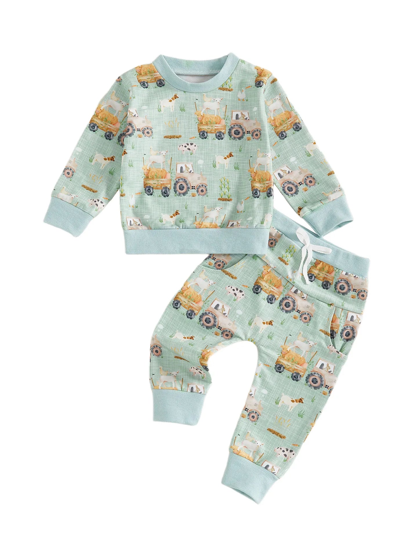 Baby Toddler Boys 2Pcs Fall Outfit Farm Animal/Tractor Print Long Sleeve Top and Elastic Pants 2Piece Clothes Jogger Set