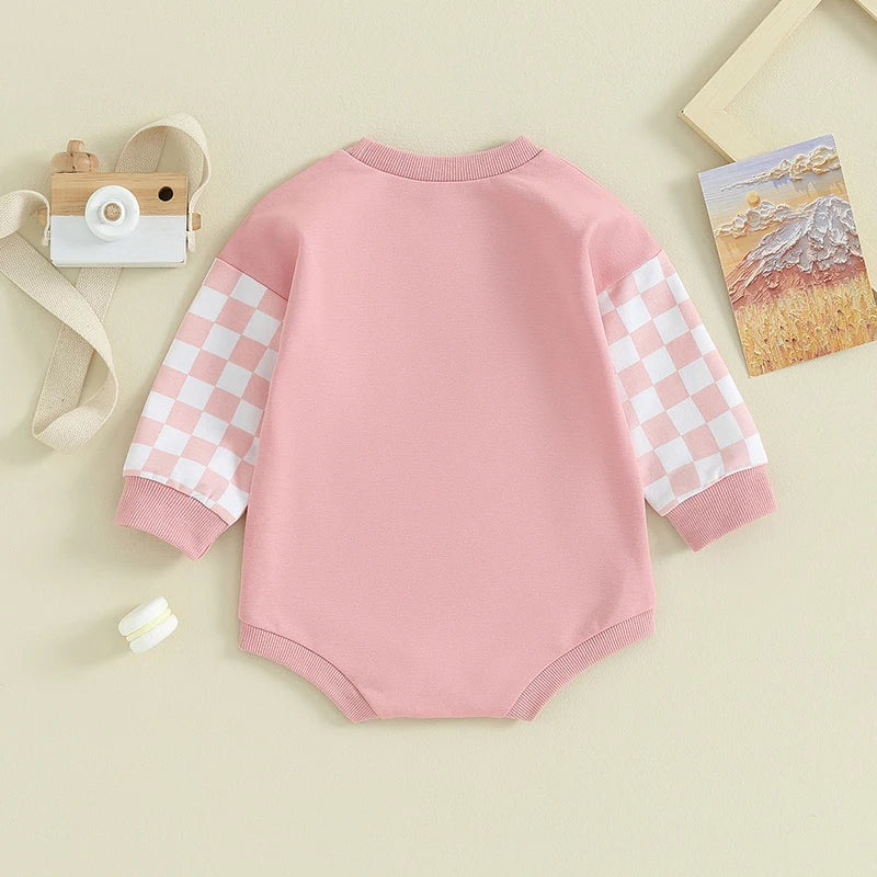 Baby Toddler Boy Girl Crewneck Plaid Checker Contrast Color Bubble Rompers Long Sleeve Jumpsuit