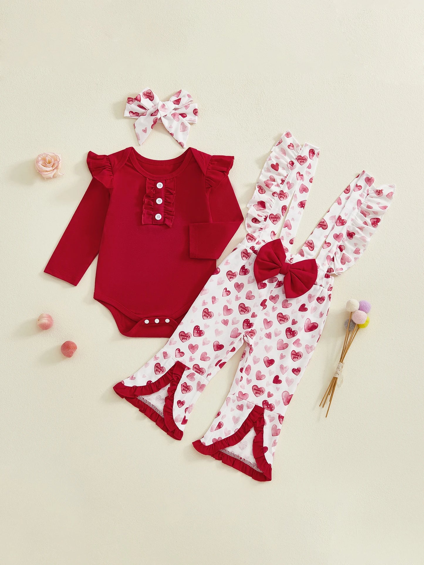 Baby Girls 3Pcs Valentine's Day Outfit Long Sleeve O Neck Ruffled Jumpsuit Headband Heart Print Overalls Set