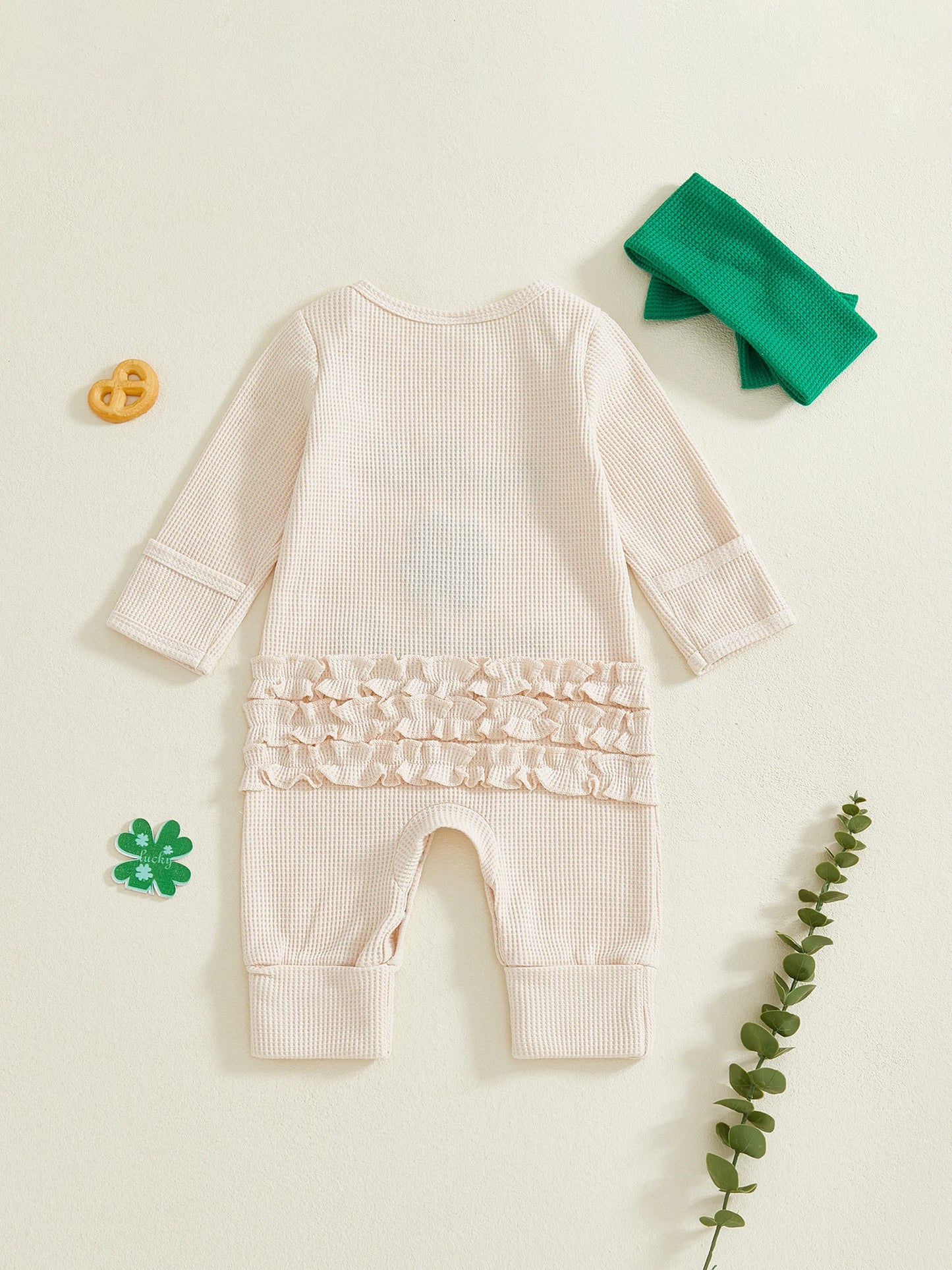 Baby Girl 2Pcs My First St. Patrick's Day Spring Romper Long Sleeve O Neck Letter Clover Embroidery Jumpsuit with Headband Set