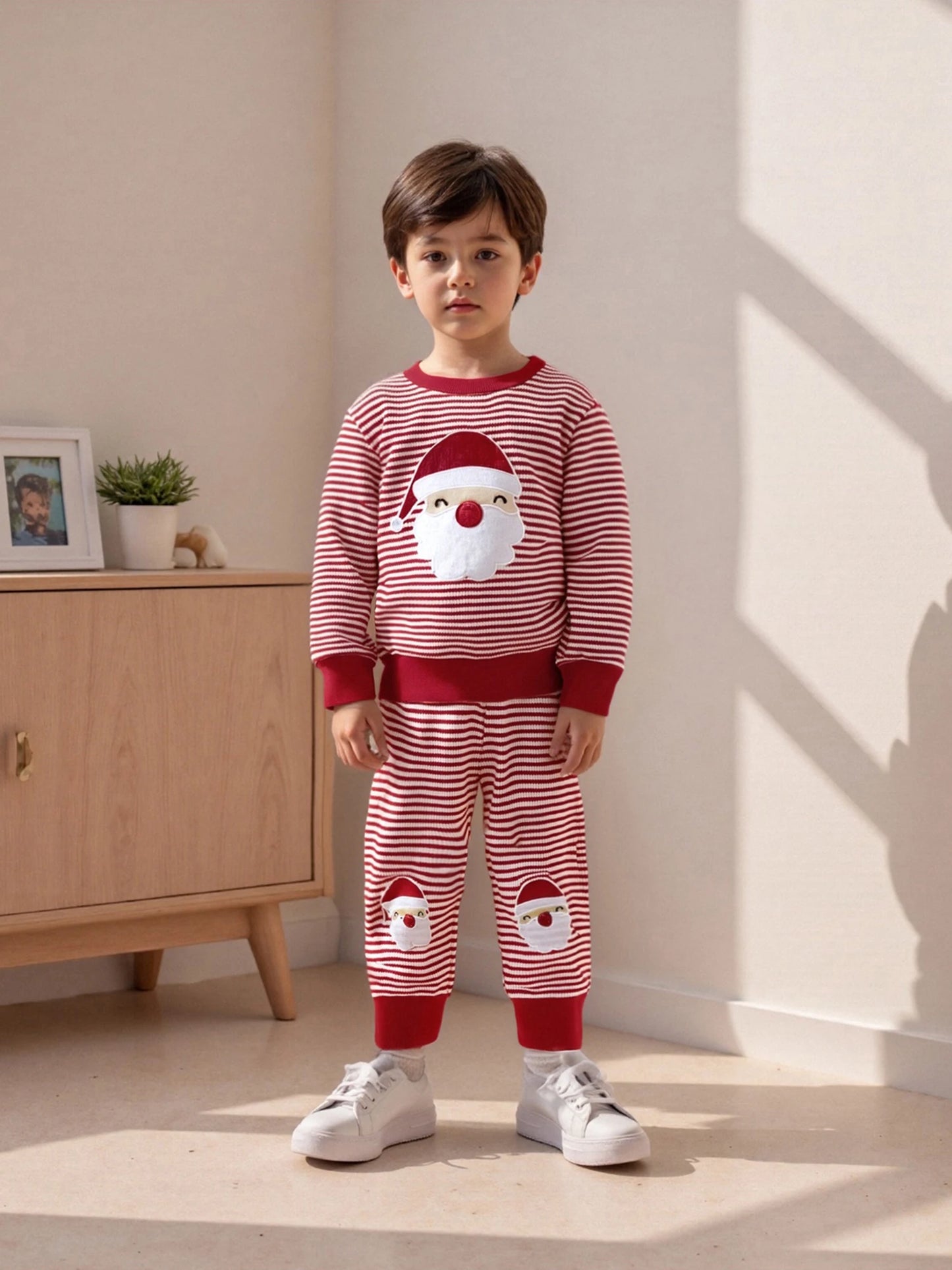 Baby Toddler Boys 2Pcs Striped Set Santa Claus Embroidery Long Sleeve Pullover Top with Pants Christmas Outfit