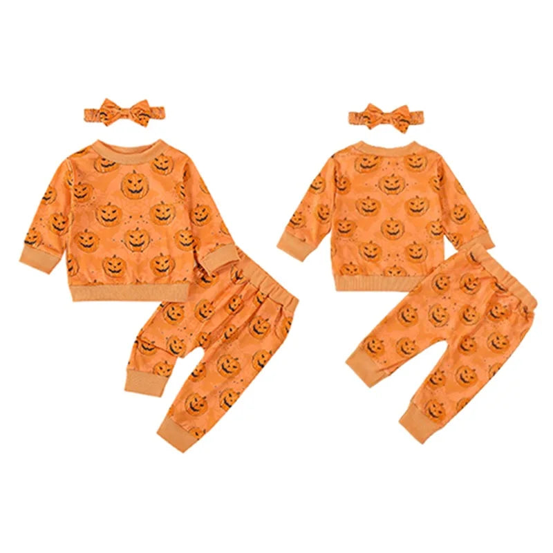 Baby Toddler Girls 3Pcs Halloween Outfit Pumpkin Print Long Sleeve Top Long Pants Headband Fall Set