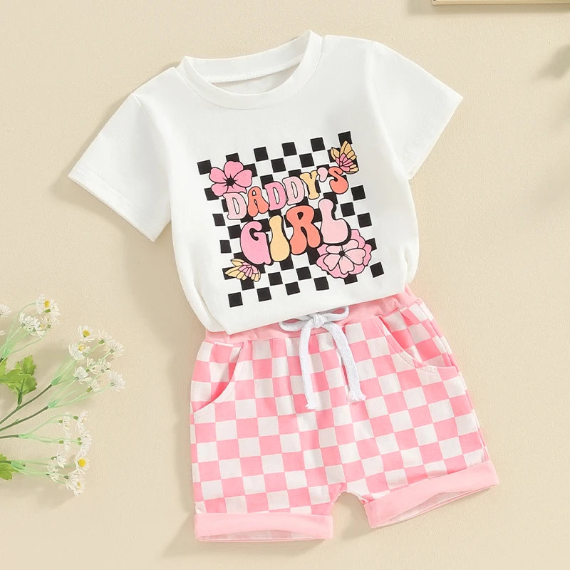 Toddler Baby Girl 2Pcs Outfit Daddy's Girl Letters Flowers Print Short Sleeve Top Checkered Pink Shorts Set