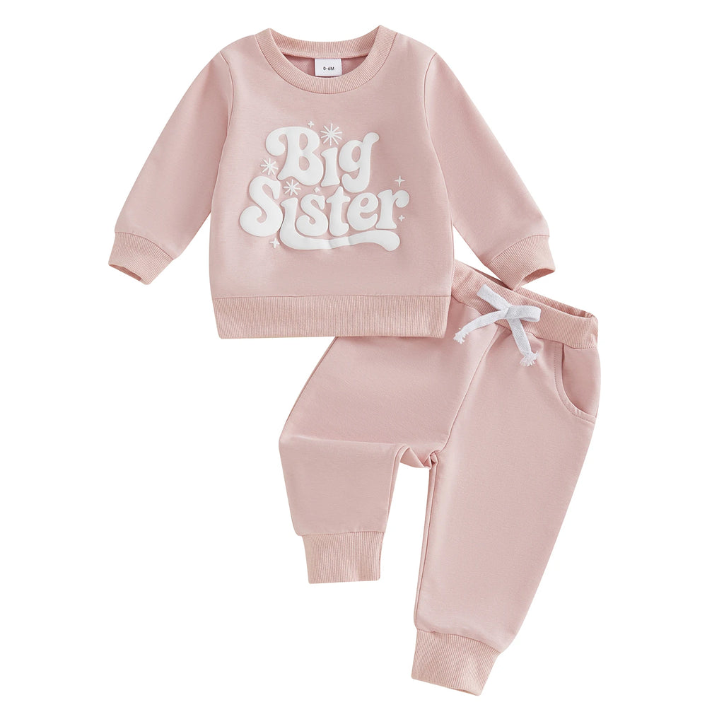 Baby Toddler Girls 2Pcs Big Sister Autumn Pink Letter Print Long Sleeve Top Drawstring Pants Jogger Set