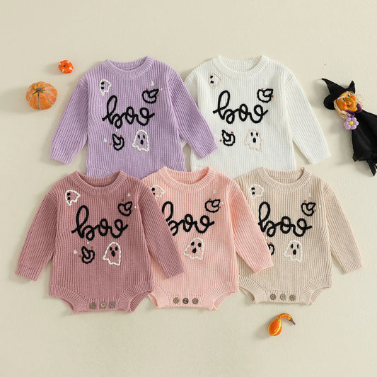 Baby Girls Boys Halloween Sweater Romper Ghost Boo Letter Embroidered Long Sleeve Jumpsuit Cute Fall Clothes Bodysuit