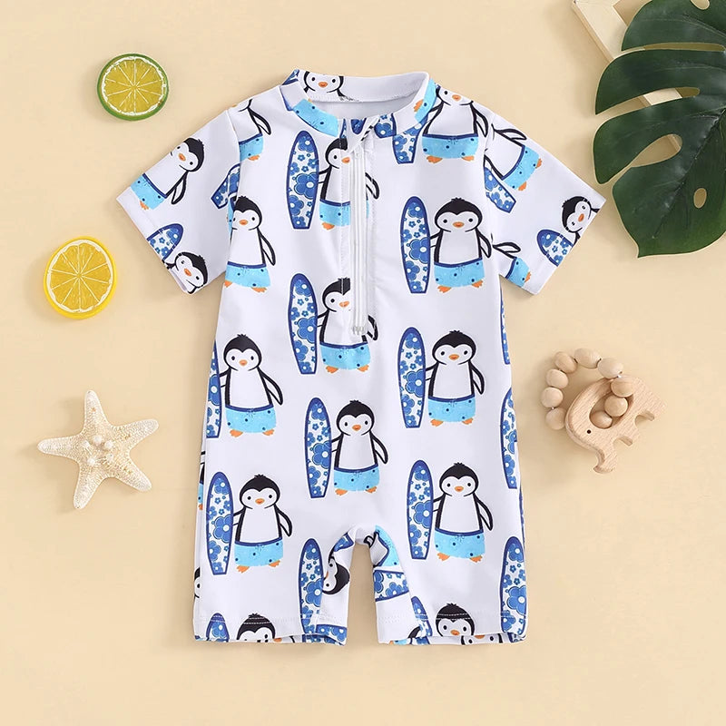 Baby Toddler Boy's Swimwear Short Sleeve Dinosaur Penguin Print Half Zip Up Rash Guard Bathing Suit