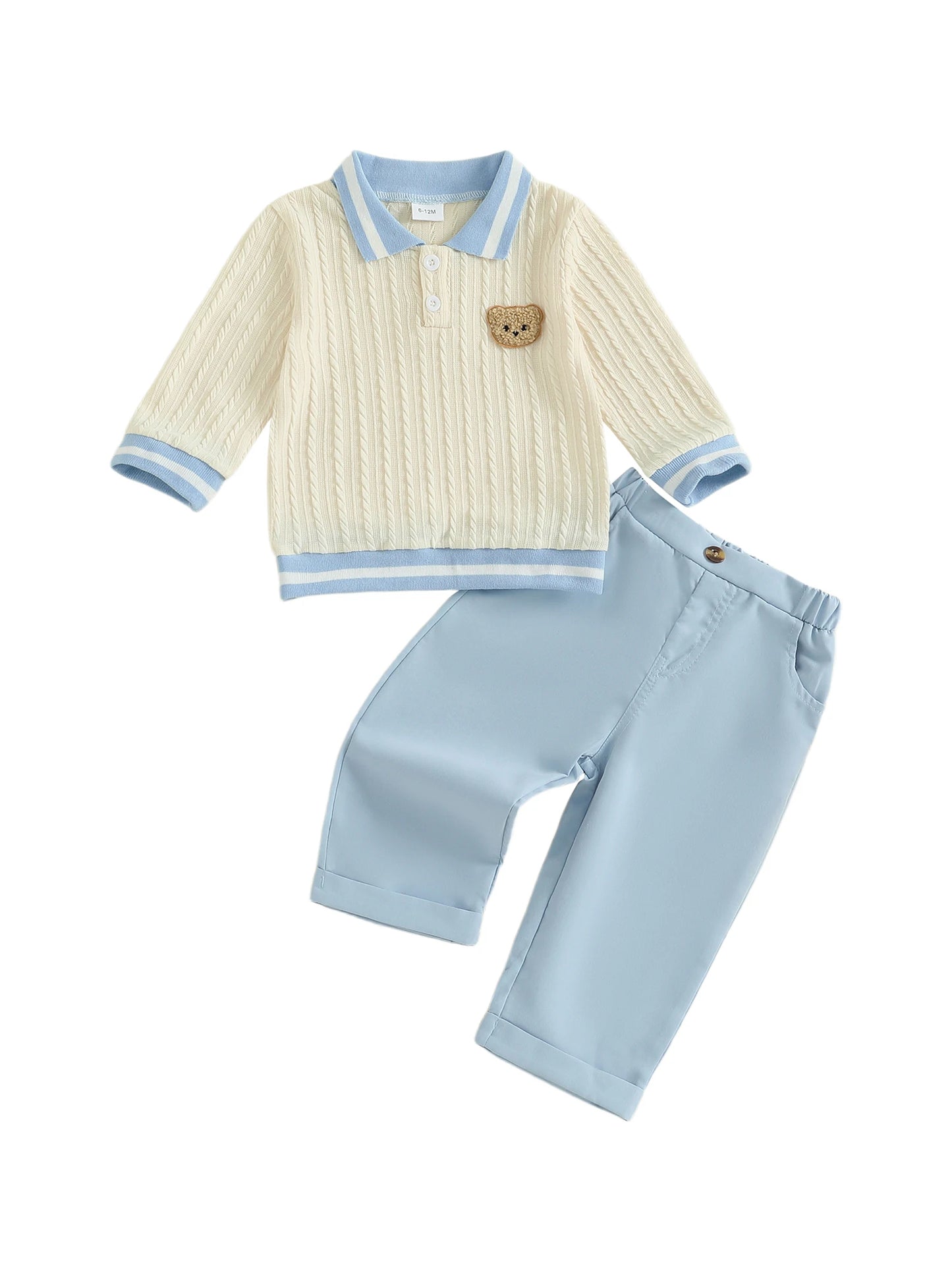 Baby Toddler Boys 2Pcs Fall Outfit Long Sleeve Bear Embroidery Lapel Top + Pants Set