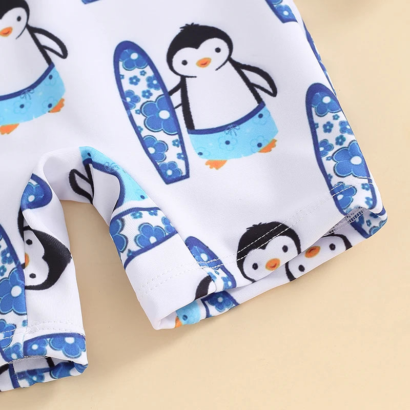 Baby Toddler Boy's Swimwear Short Sleeve Dinosaur Penguin Print Half Zip Up Rash Guard Bathing Suit