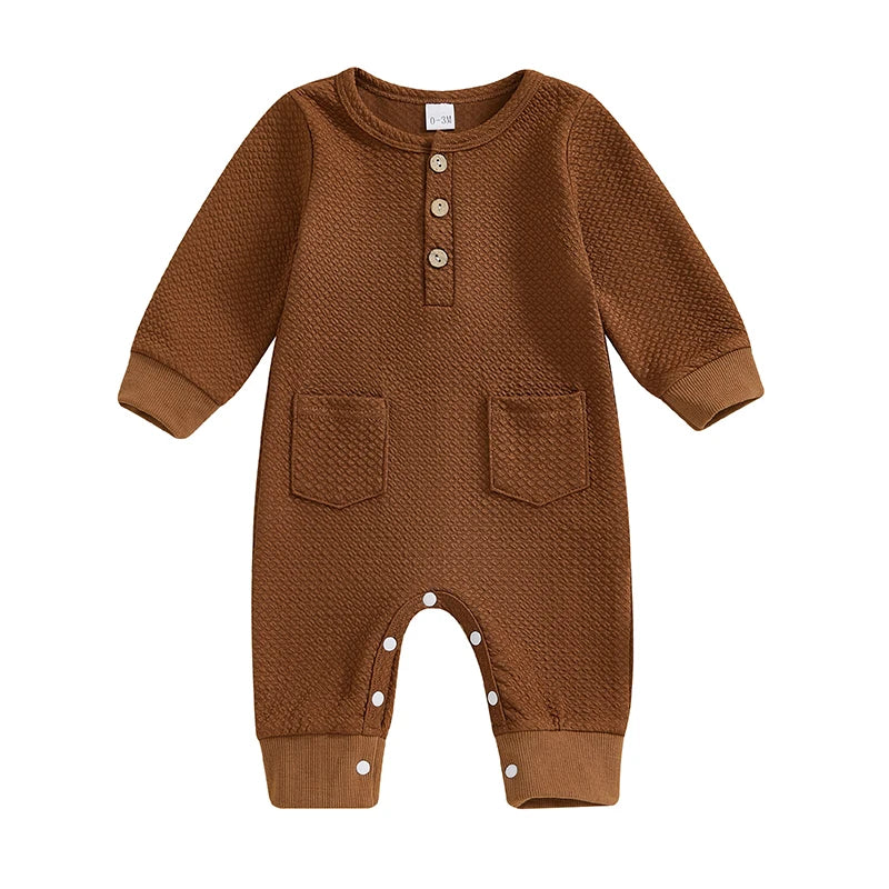 Baby Girls Boys Romper Solid Color Buttons Pockets O-Neck Long Sleeve Spring Jumpsuit