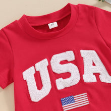 Load image into Gallery viewer, Baby Girls Boys 4th of July USA Romper Fuzzy Letter Flag Embroidery Crew Neck Short Sleeve Jumpsuits

