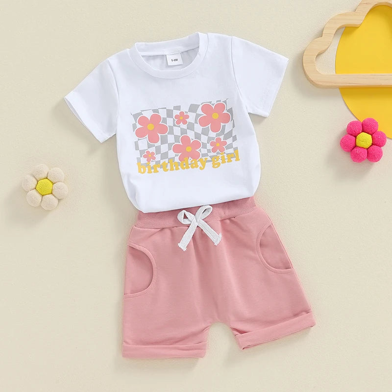 Baby Girl 2Pcs Birthday Girl One Year Old Flower Letter Print Short Sleeve Top Elastic Waist Shorts Outfit Set