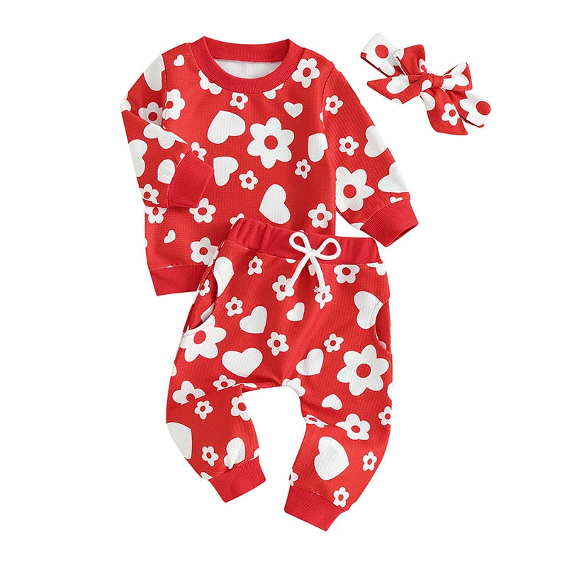 Baby Toddler Girl 3Pcs Valentine's Day Outfit Heart Flower Print Long Sleeve Crewneck Top Casual Pants Set