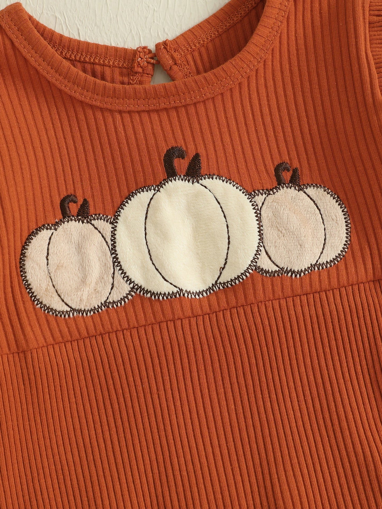 Baby Girl Pumpkin Embroidered Jumpsuit Halloween Fall Long Sleeve Round Neck Ruffle Romper