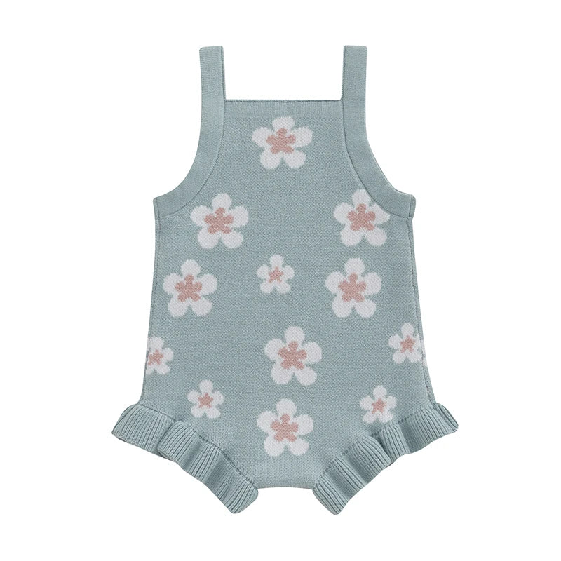 Baby Girls Summer Sleeveless Tank Strap Bubble Romper Knitted Floral Flower Print Bodysuit