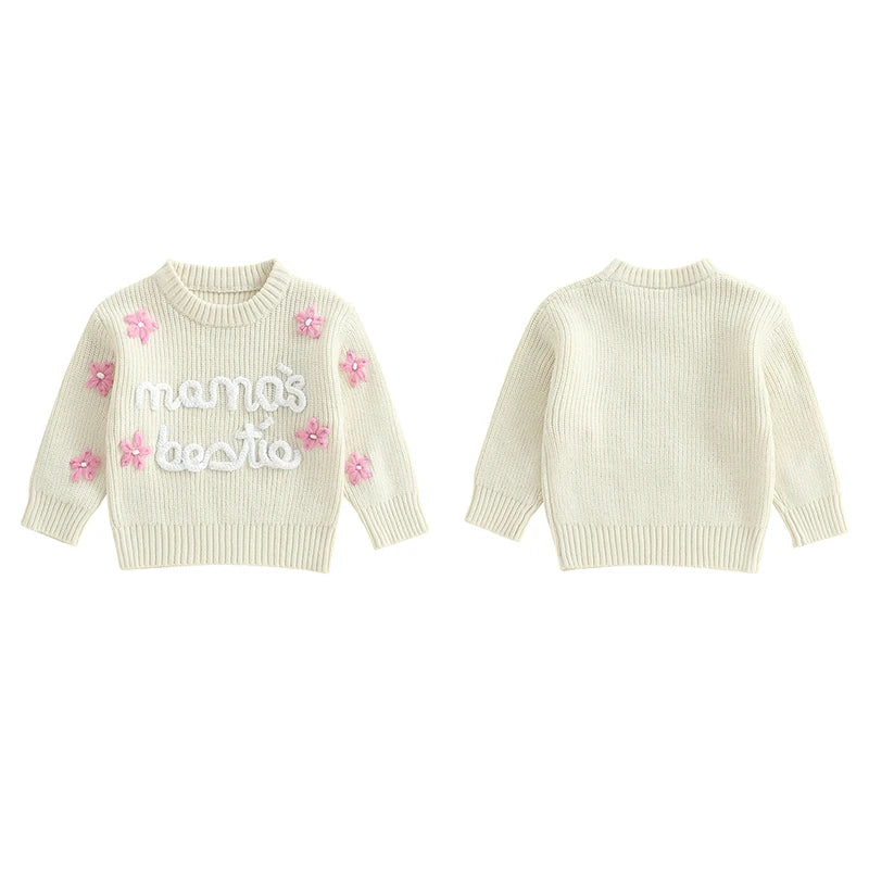 Baby Toddler Girl Mama's Bestie Knit Sweater Long Sleeve Flower Letters Embroidery Sweater Knitwear Top