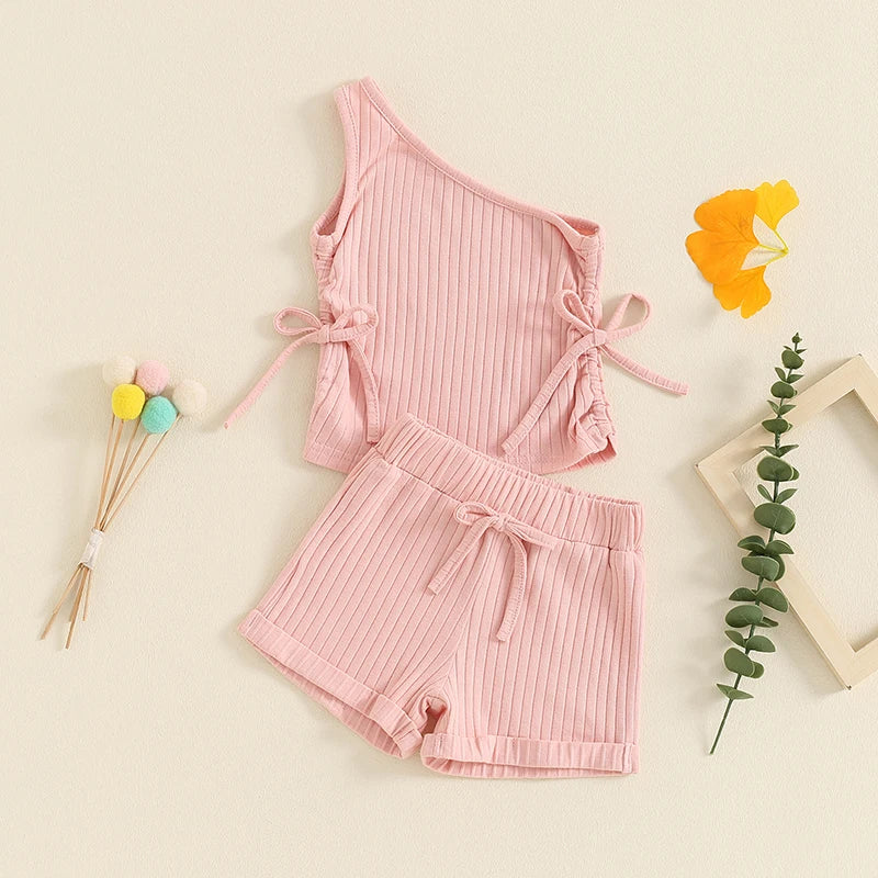 Baby Toddler Girls 2Pcs Summer Outfit Solid Color One Shoulder Strap Drawstring Ribbed Tank Top Shorts Matching Set