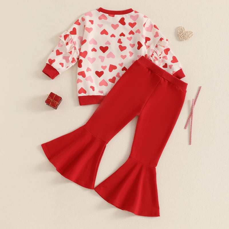 Baby Toddler Kids Girls 2Pcs Valentine’s Day Outfit XOXO Long Sleeve Ruffle Crewneck Top + Flare Pants Valentines Set