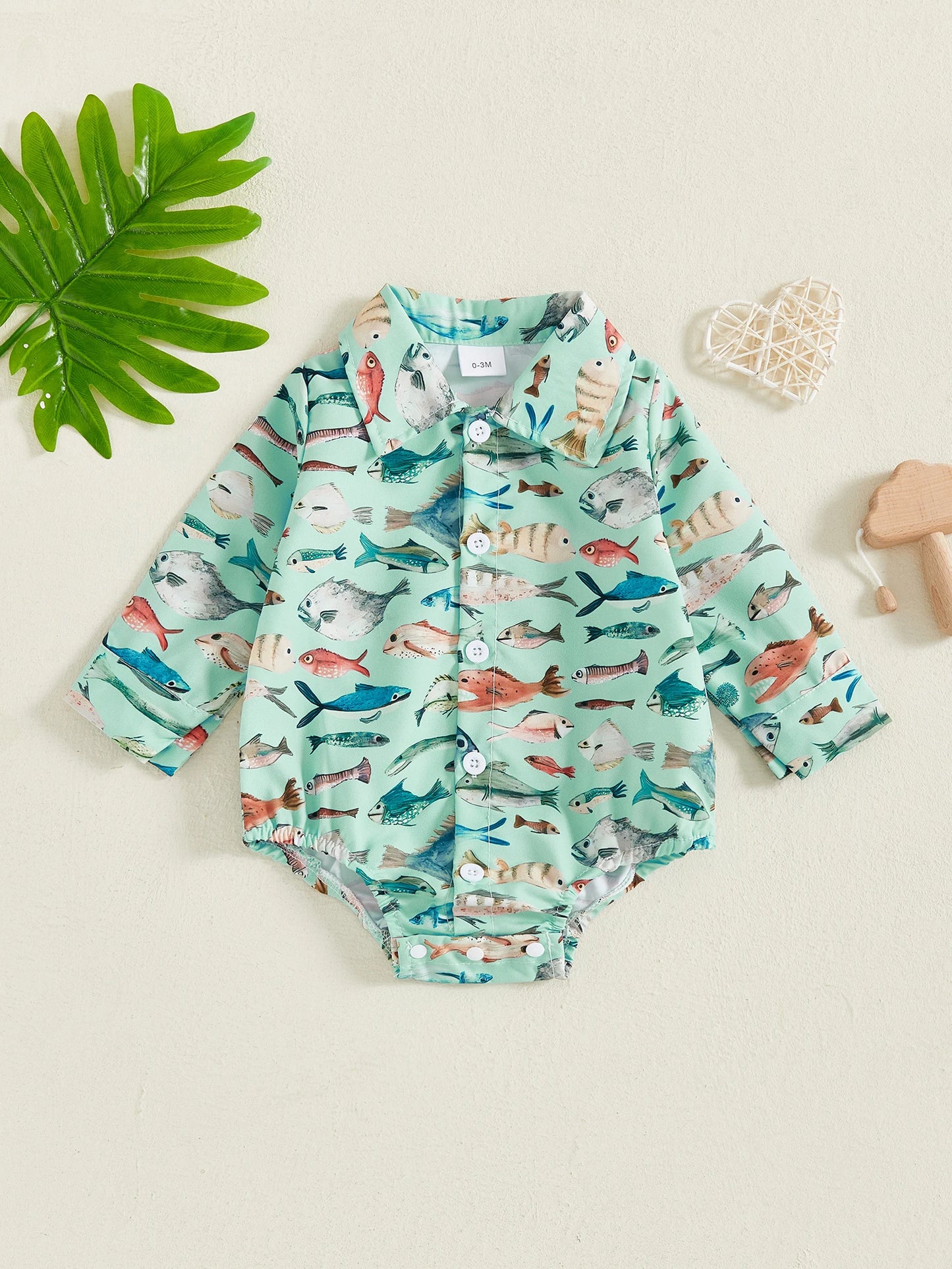 Baby Boys Girls Romper Long Sleeve Lapel Collar Fish Print Bodysuit Fall Playsuit