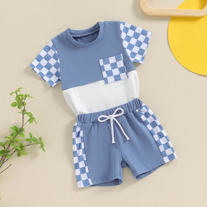 Baby Toddler Boys 2Pcs Summer Short Sleeve Checkerboard Print Top Drawstring Shorts Set Outfit