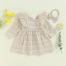 Load image into Gallery viewer, Toddler Kids Girls 2Pcs Dress Square Neck Ruffles Plaid Buttons Long Sleeve Casual Fall Princess Dress with Headband Set
