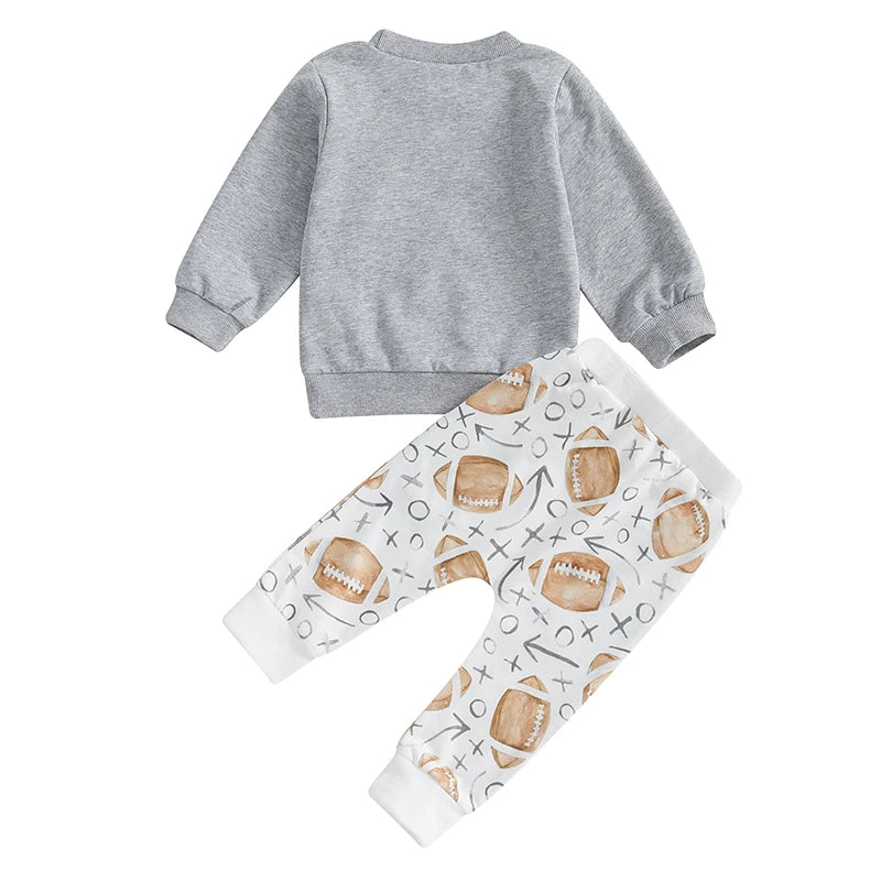 Baby Toddler Boys 2Pcs Football Outfit Long Sleeve Letter Huddles and Cuddles Print Top + Pants Fall Game Day Set