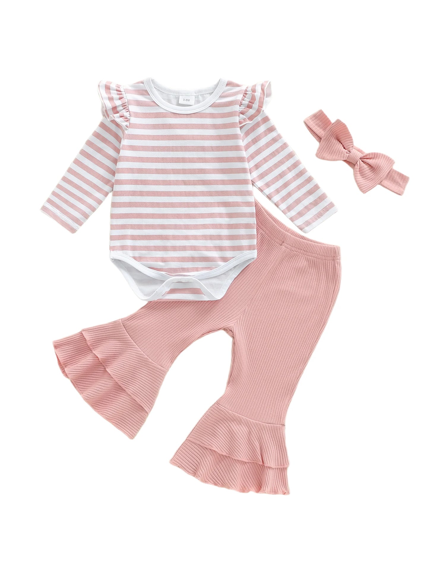 Baby Girls 3Pcs Spring Outfit Long Sleeve Striped Romper with Flare Pants and Headband Clothing Set