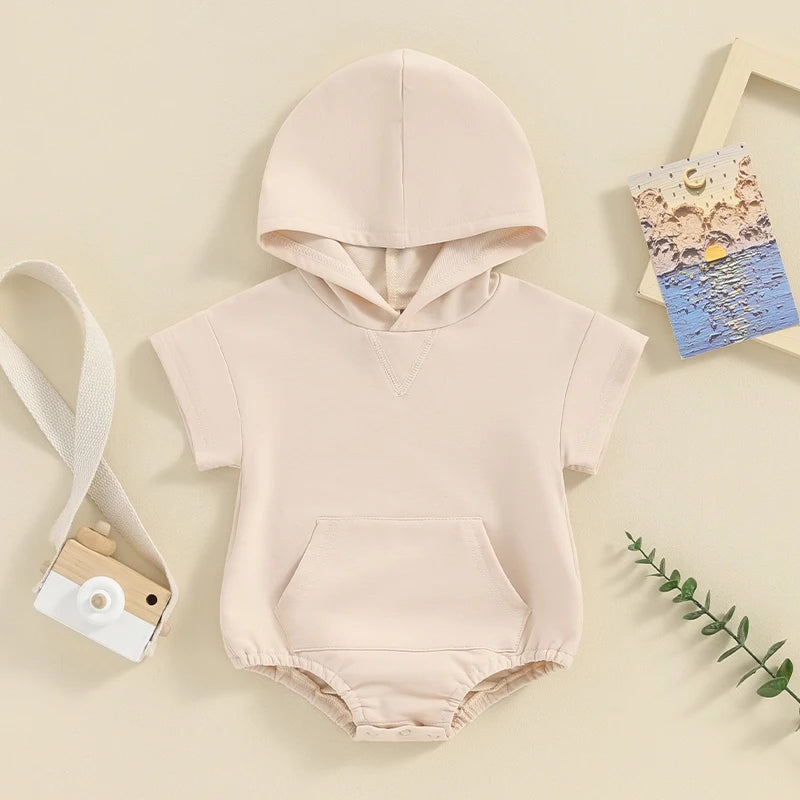 Baby Boy Girl Solid Color Hooded Bodysuit Oversized Short Sleeve Bubble Jumpsuit Pocket Spring Summer Clothes