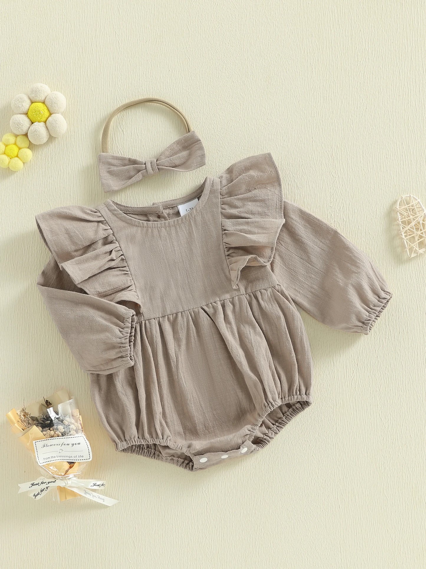 Baby Girl 2Pcs Spring Romper Solid Color Long Sleeves Round Neck Ruffled Bodysuit and Matching Bow Headband Set