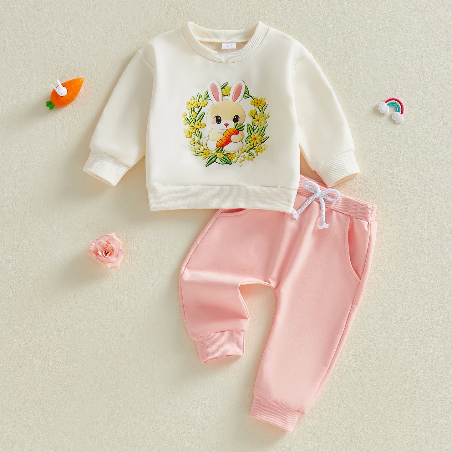 Baby Toddler Girls 2Pcs Easter Outfit Rabbit Flower Embroidery Long Sleeve Crew Neck Top and Elastic Waist Pants Jogger Set