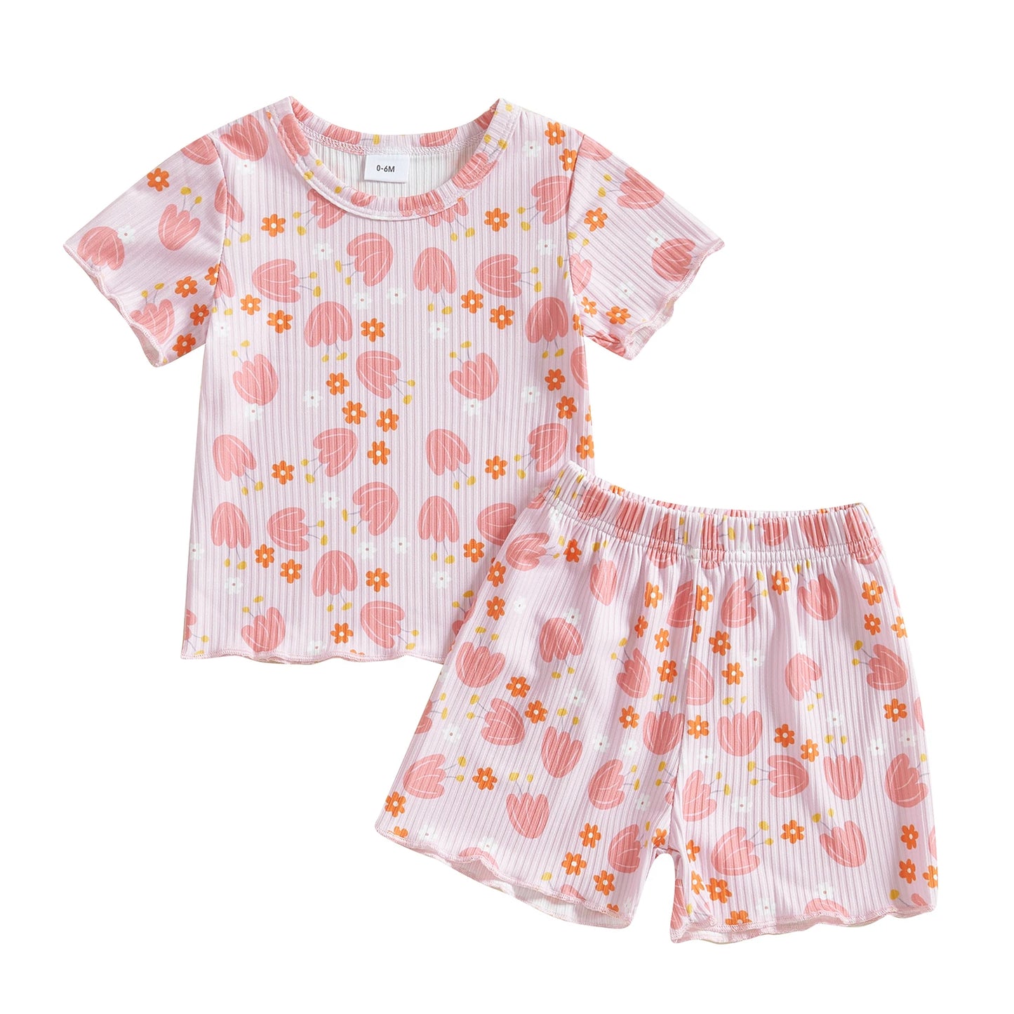 Baby Toddler Girls 2Pcs Ribbed Shorts Set Bow Heart Print Short Sleeve Round Neck Top Elastic Waistband Shorts