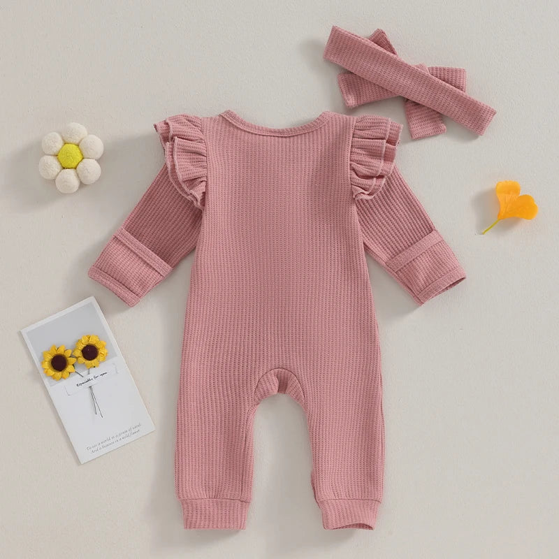 Baby Girl 2Pcs Clothes Ruffle Zipper Romper Long Sleeve Jumpsuit with Bow Headband