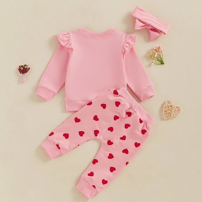 Baby Toddler Girls 3Pcs Little Valentine Valentine's Day Outfit Letter Print Flying Sleeve Top with Heart Pattern Jogger Pants and Headband Set Valentines