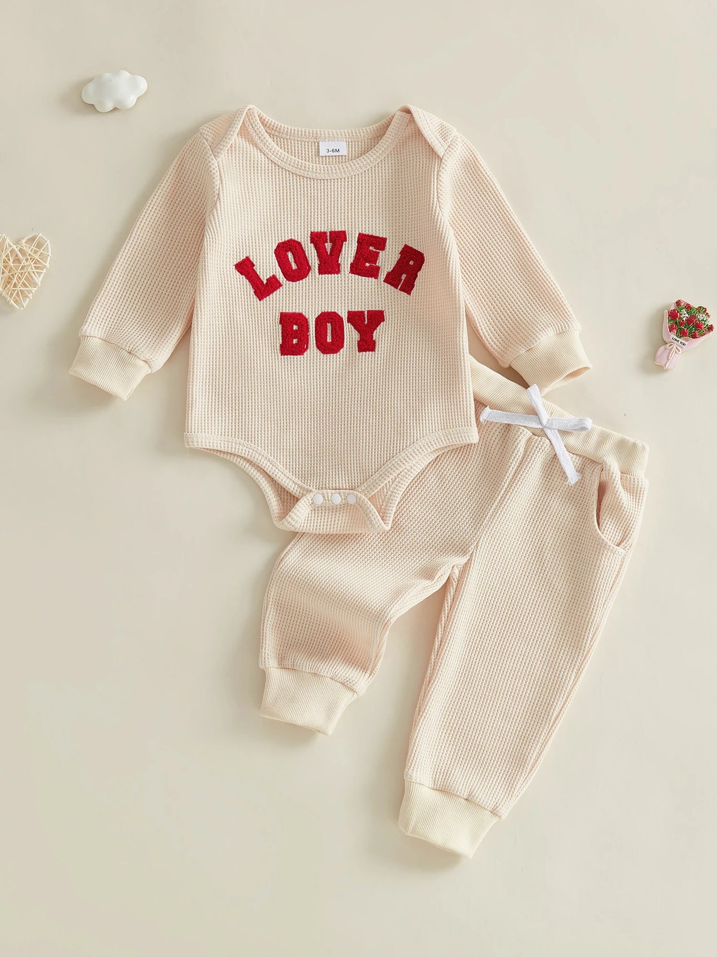 Baby Boys 2Pcs Lover Boy Valentine's Day Outfit Long Sleeve Crew Neck Letter Embroidery Romper Drawstring Jogger Pants Set