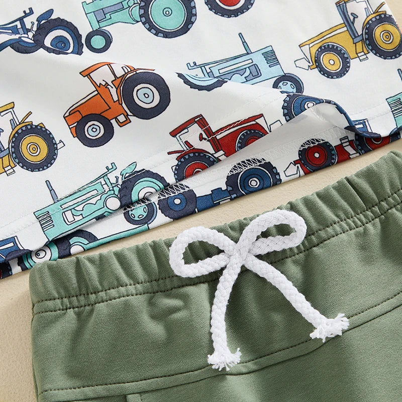 Toddler Baby Boys 2Pcs Short Sleeve Tractors Print Top and Drawstring Shorts Set