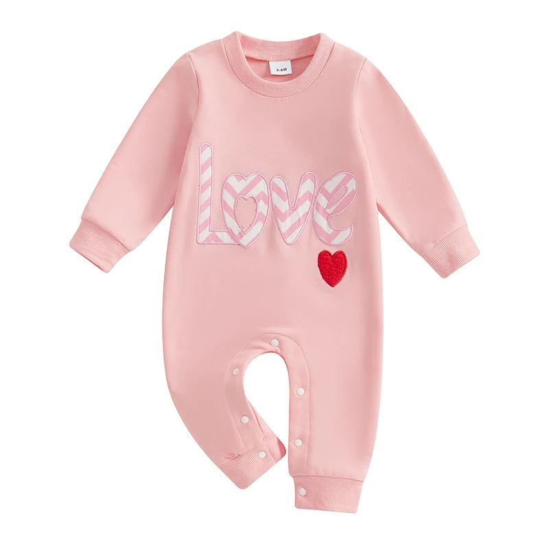 Baby Girls Love Valentine's Day Romper Letter Heart Embroidery Long Sleeve Crewneck Valentines Jumpsuit